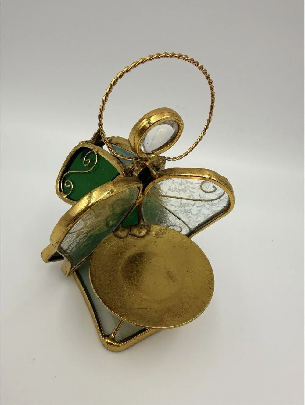 Vintage Stained Glass Green & Gold Tone Metal Angel Tealight Votive Holder 4.5